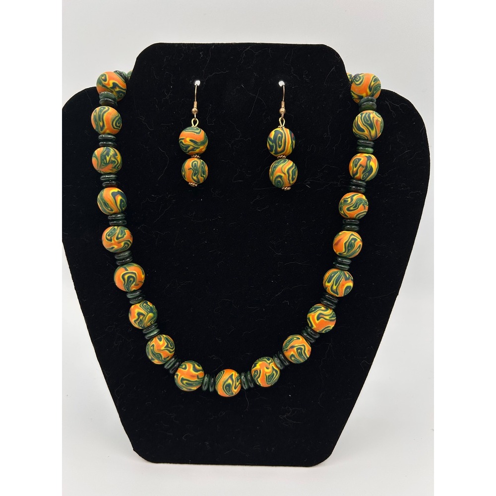 Jewelry Set Women OS Orange Good Swirl Clay Bead Necklace Earrings